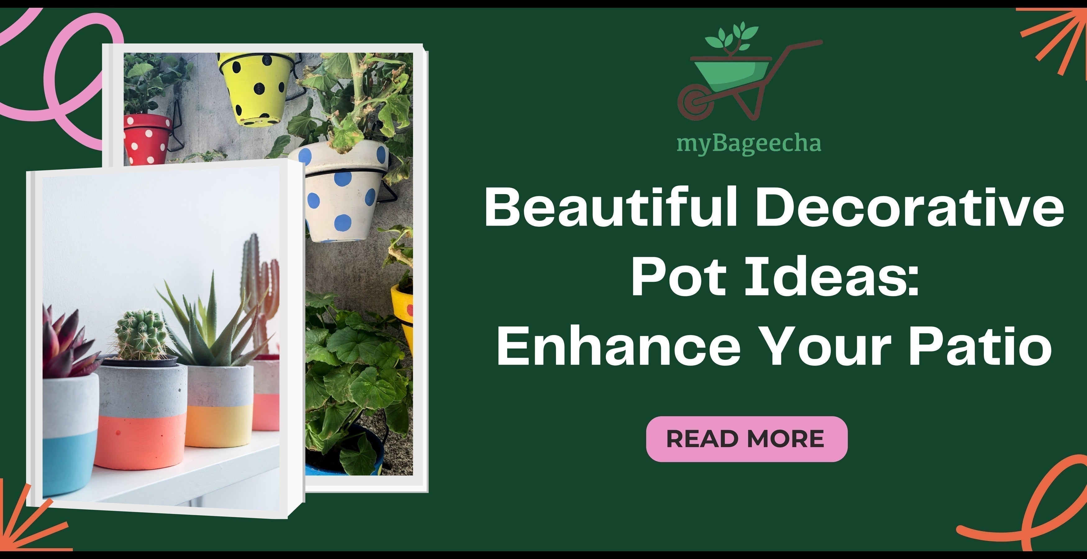 Decorative patio pots with succulents and hanging polka‑dot planters, promotional graphic for myBageecha.