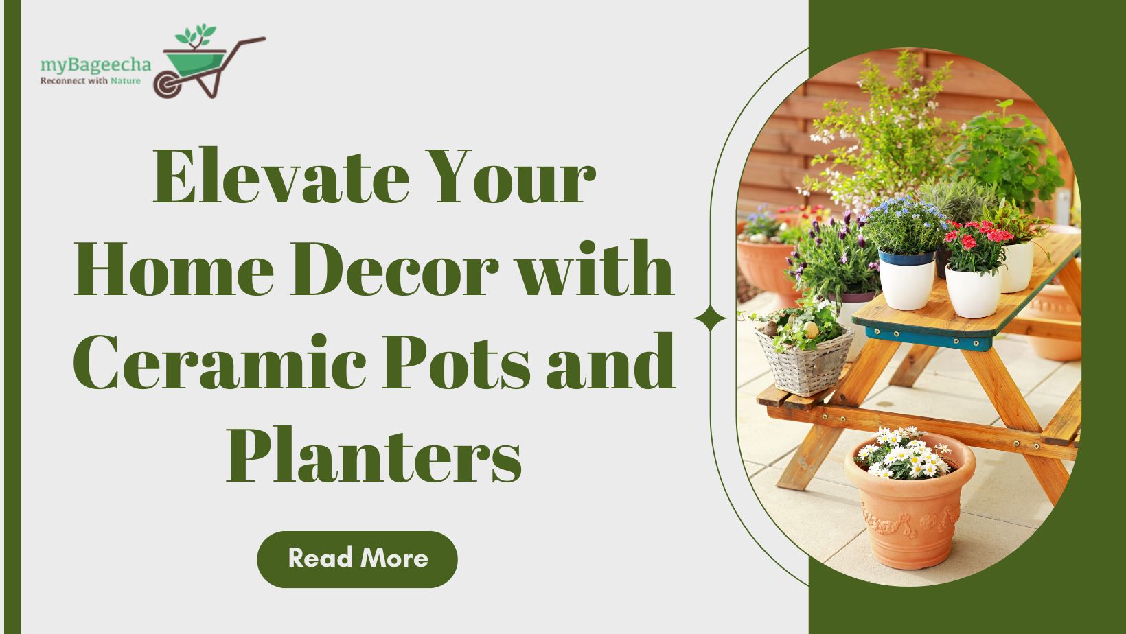 Ceramic pots and planters on a garden table with flowers.