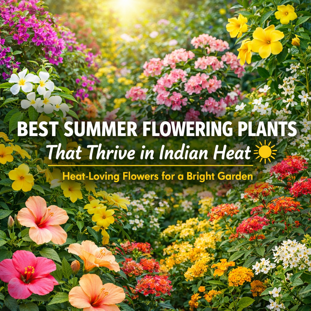 Colorful summer flowering perennial plants like hibiscus, bougainvillea and lantana thriving in hot Indian garden conditions