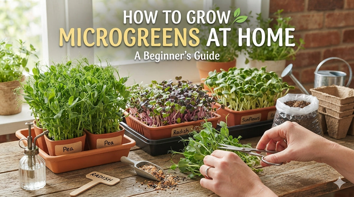 Trays of vibrant pea, radish, and sunflower microgreens growing indoors on a wooden table, with hands harvesting them using scissors. Text overlay reads: 'How to Grow Microgreens at Home: A Beginner's Guide'.
