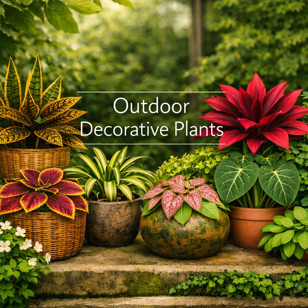 Ornamental foliage plants with vibrant green, purple, and striped leaves in tropical textures
