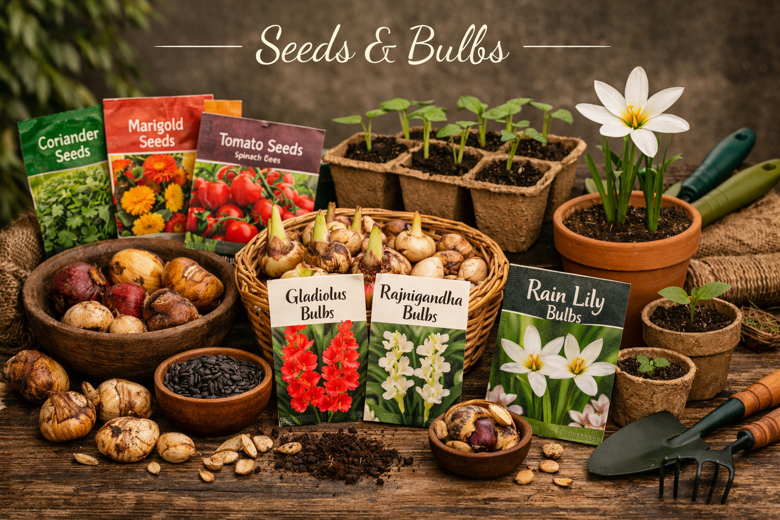 Seeds & Bulbs collection image featuring seed packets of coriander, marigold, tomato, and spinach, alongside gladiolus, rajnigandha, and rain lily bulbs with sprouting plants and gardening tools, curated for Indian gardens at myBageecha.