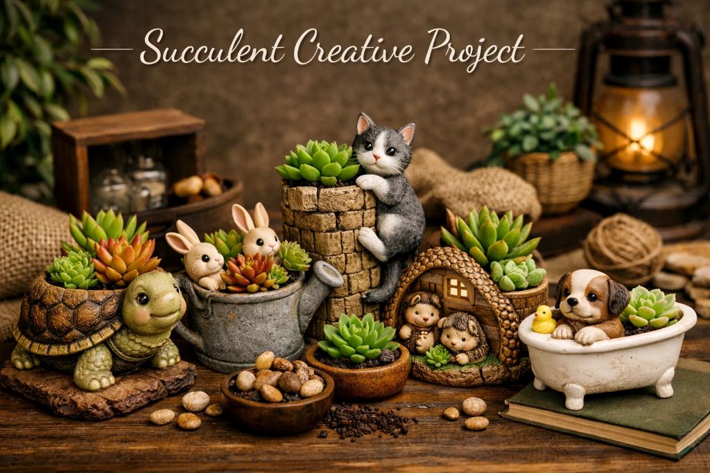Succulent Creative Project collection image featuring resin pots shaped like tortoise, rabbits in watering can, cat climbing pillar, hedgehog family, and pup in bathtub, each styled with succulents for gifting and indoor décor at myBageecha.