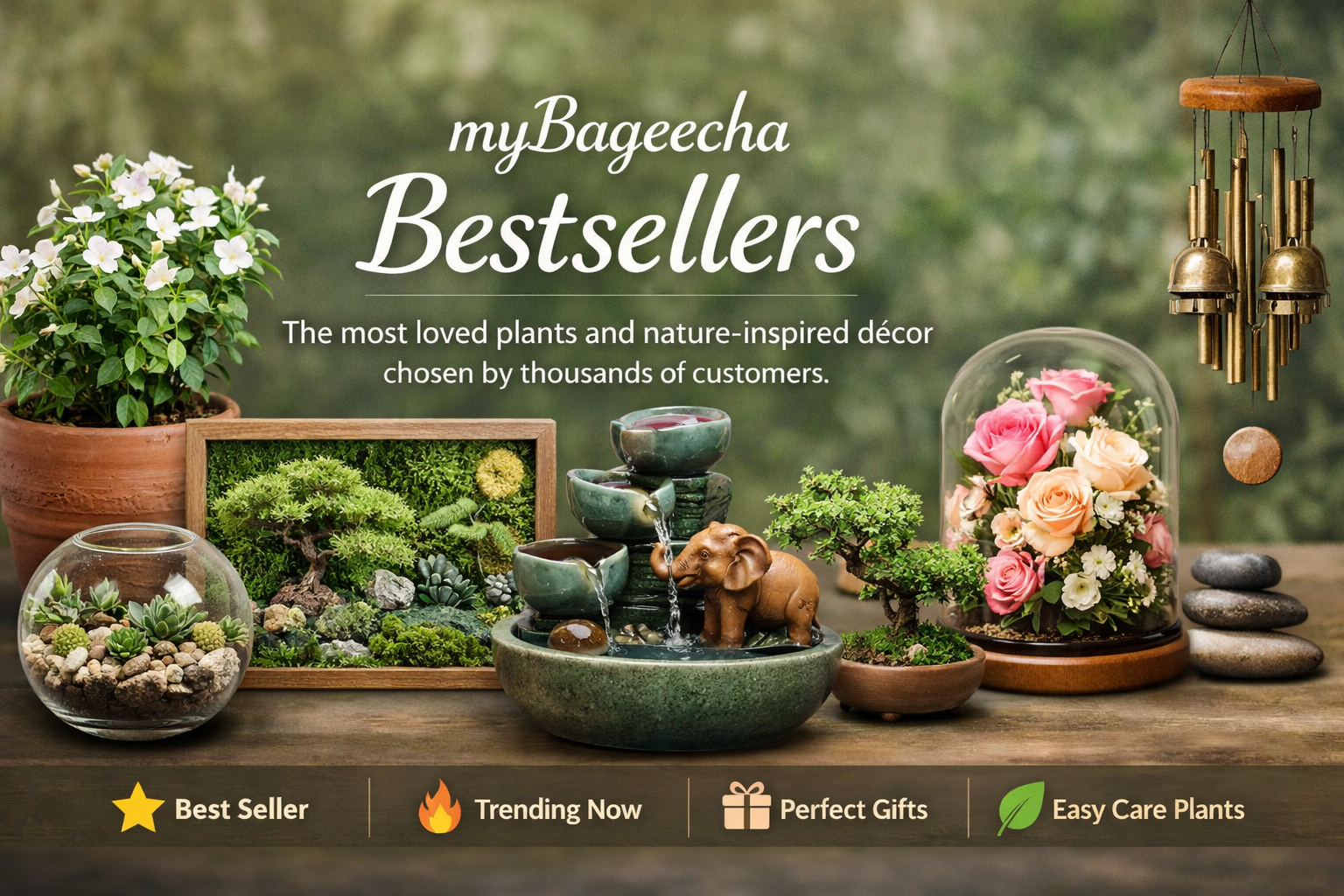 myBageecha bestsellers collection featuring indoor plants, moss frame, fountain, terrarium and preserved flower décor