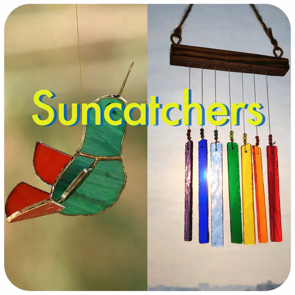 Colorful stained glass bird suncatcher and hanging rainbow glass suncatcher
