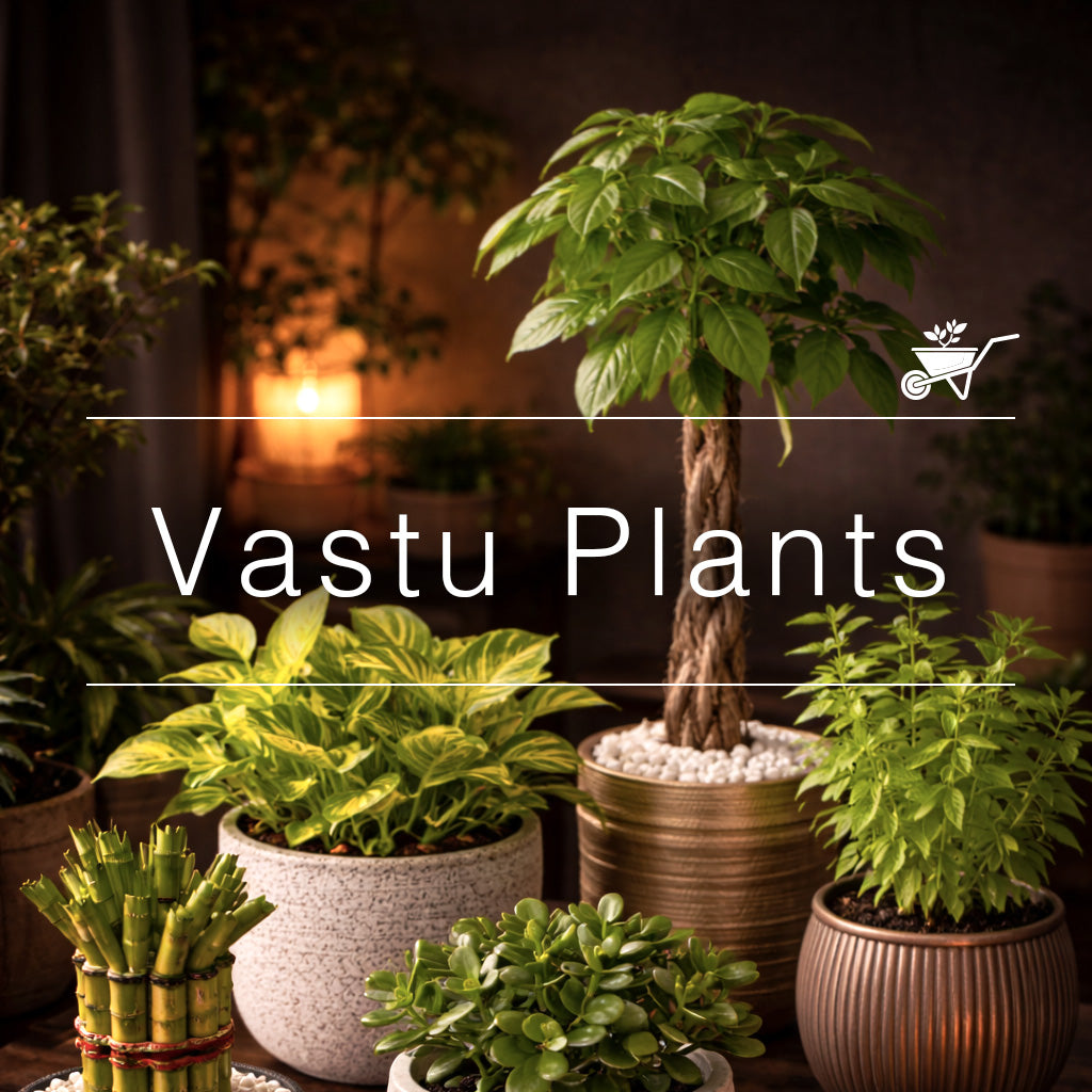 Indoor Vastu plants like lucky bamboo and money plant arranged in decorative pots, promoting harmony and positive energy in a warmly lit room.