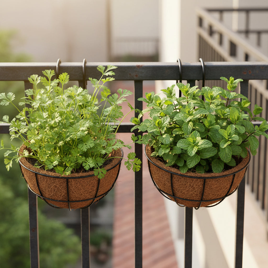 Set of Railing Mounted Cour basket with Coriander and Peppermint growing -myBageecha