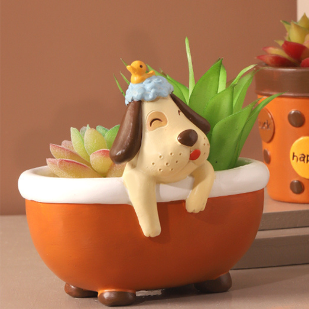Cute Pup in Bathtub Resin Succulent Pot-myBageecha