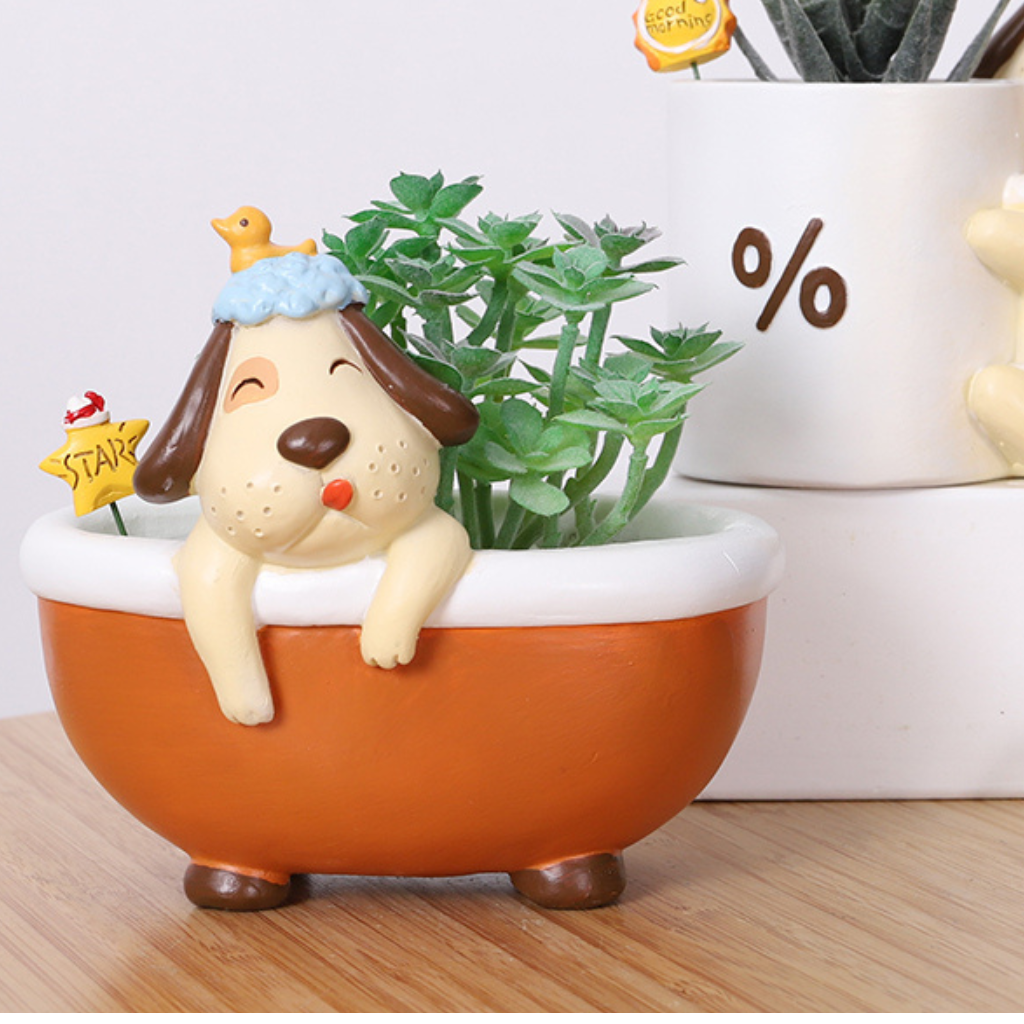 Cute Pup in Bathtub Resin Succulent Pot