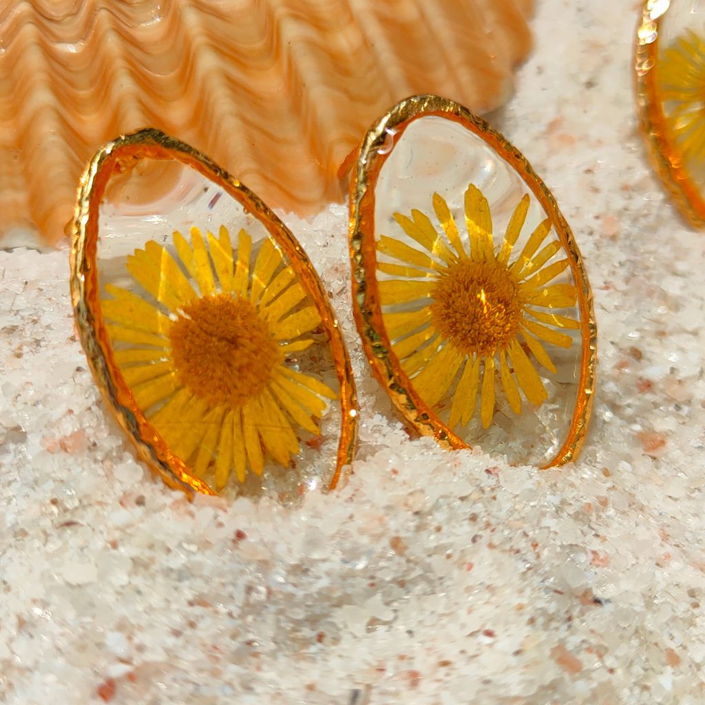 Embracing The Dawn stud earrings with real golden-pink dried flowers preserved in resin domes