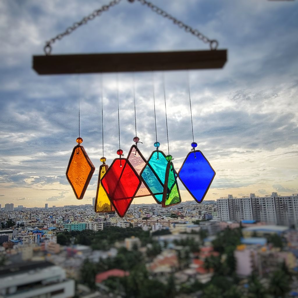 Triangle diamond Stained Glass windchime Set of 7 - myBageecha