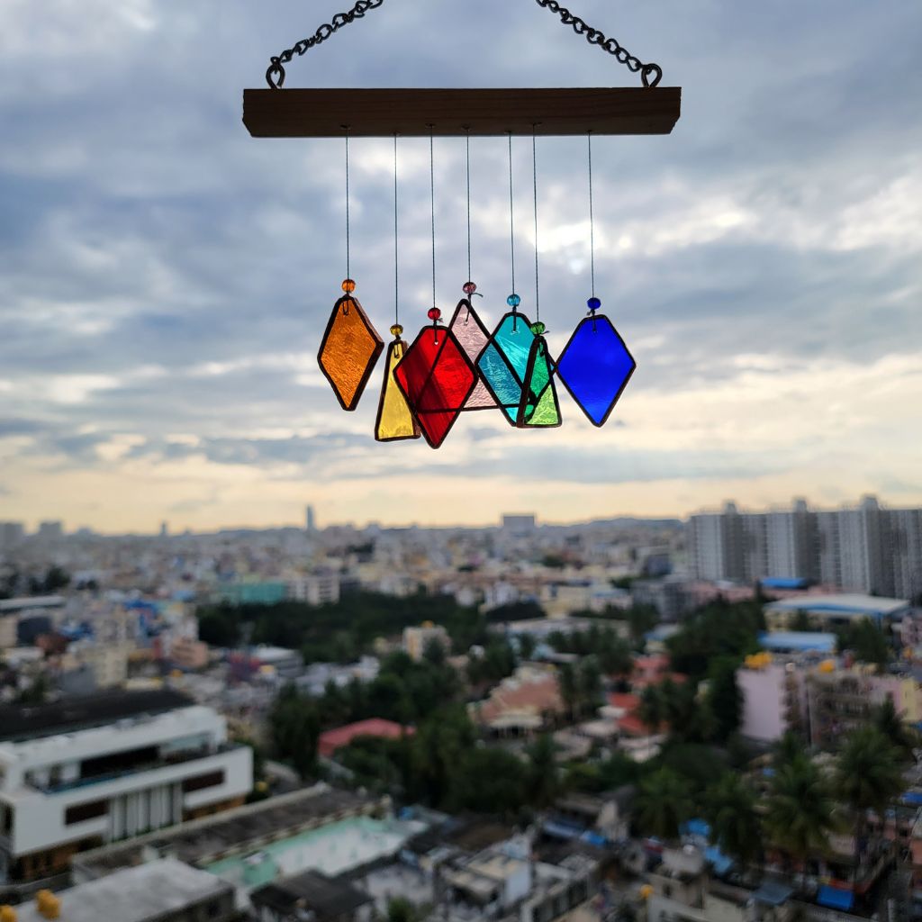 Triangle diamond Stained Glass windchime Set of 7 - myBageecha