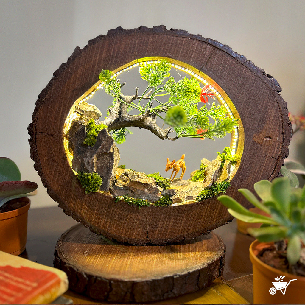 A Doe in Woods LED Decor with Stand Zen Garden – wooden base showing LED fixture under forest setup
