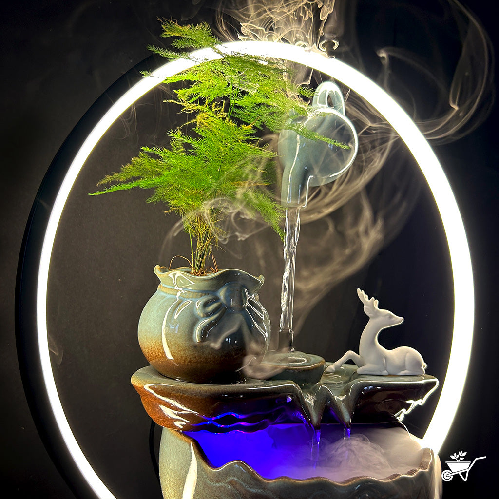 A Drop of Doe Water Fountain LED Decor Zen Garden – side angle showing LED illumination and water flow