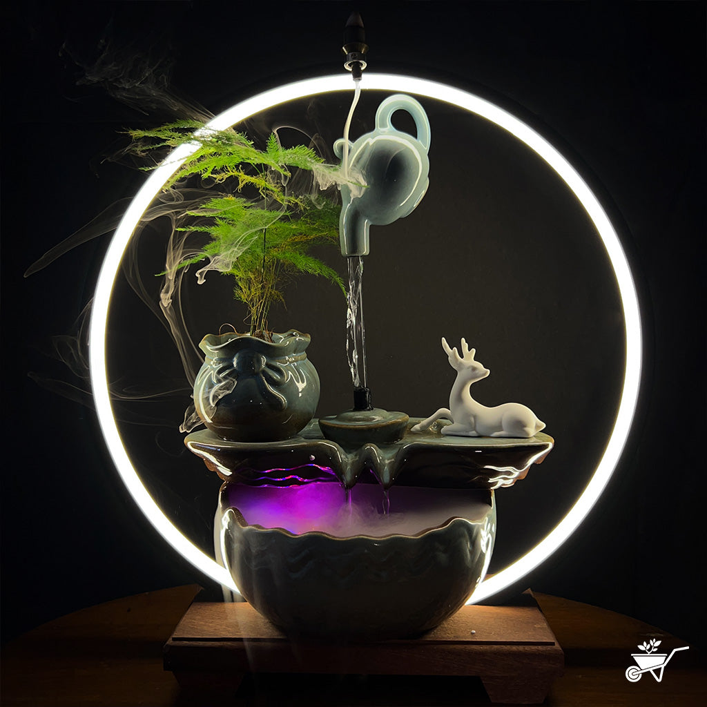 A Drop of Doe Water Fountain LED Decor Zen Garden – front view of deer beside flowing water