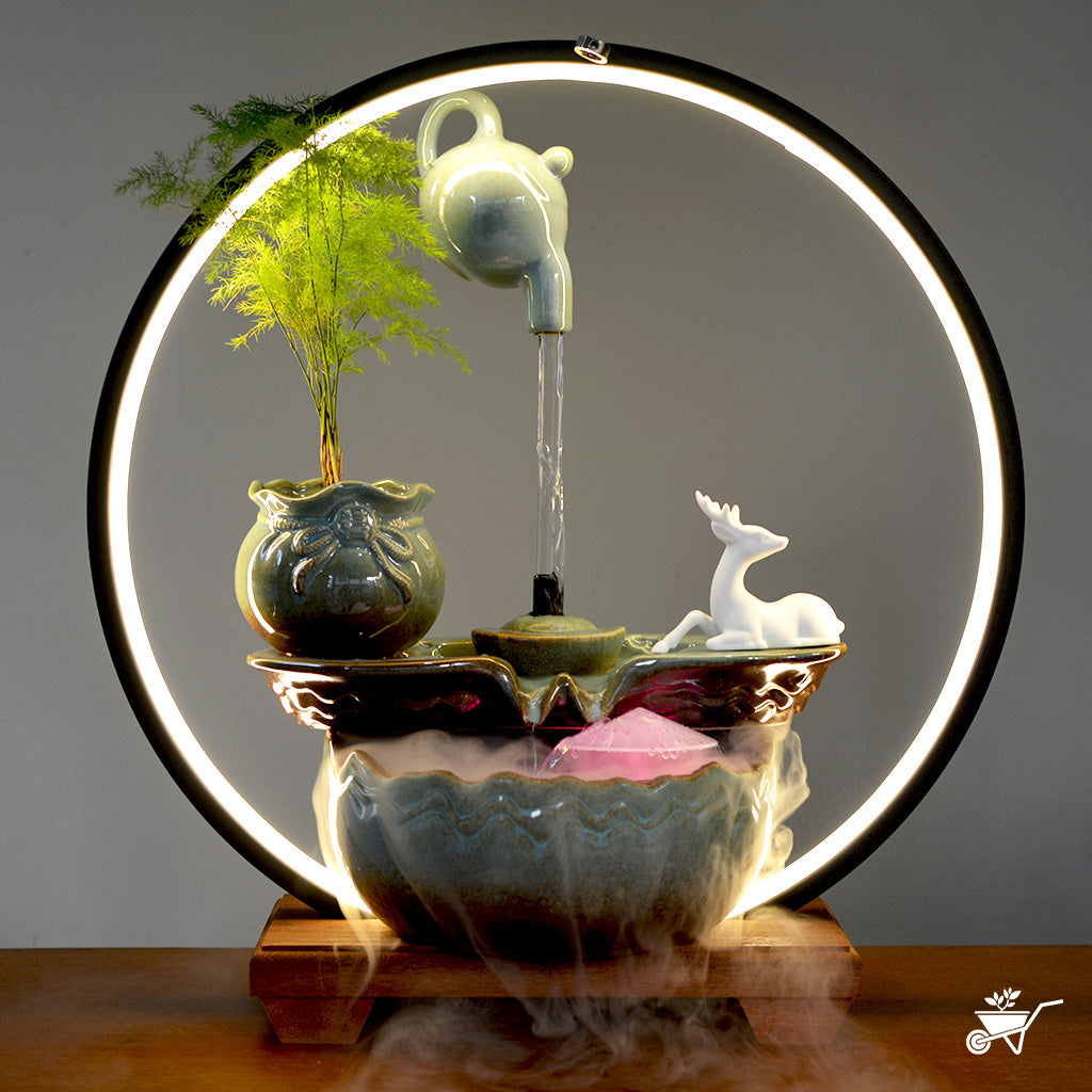 A Drop of Doe Water Fountain LED Decor Zen Garden – deer figurine near LED water cascade – LED tabletop Zen fountain decor for calming ambience by myBageecha