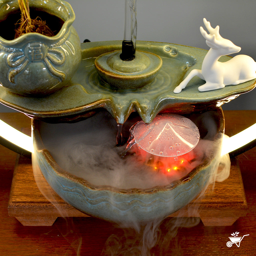 A Drop of Doe Water Fountain LED Decor Zen Garden – close-up of deer and LED waterfall