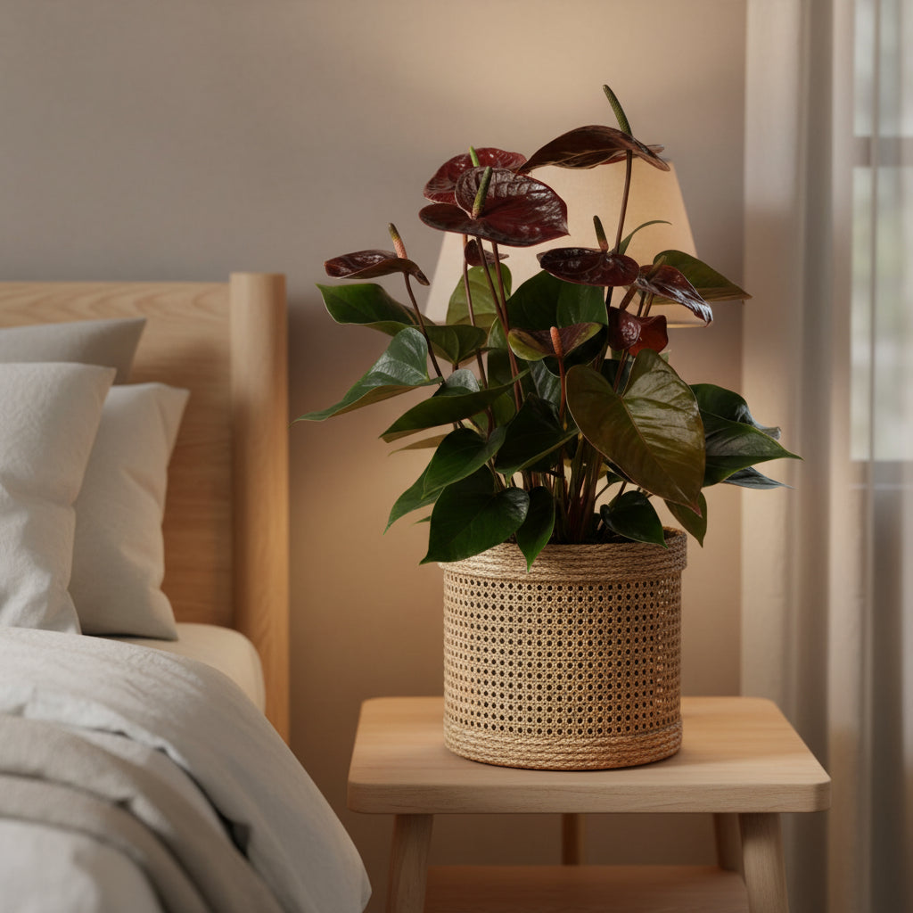 Anthurium Chocolate beauty Plant kept a bed side table in cane basket-myBageecha
