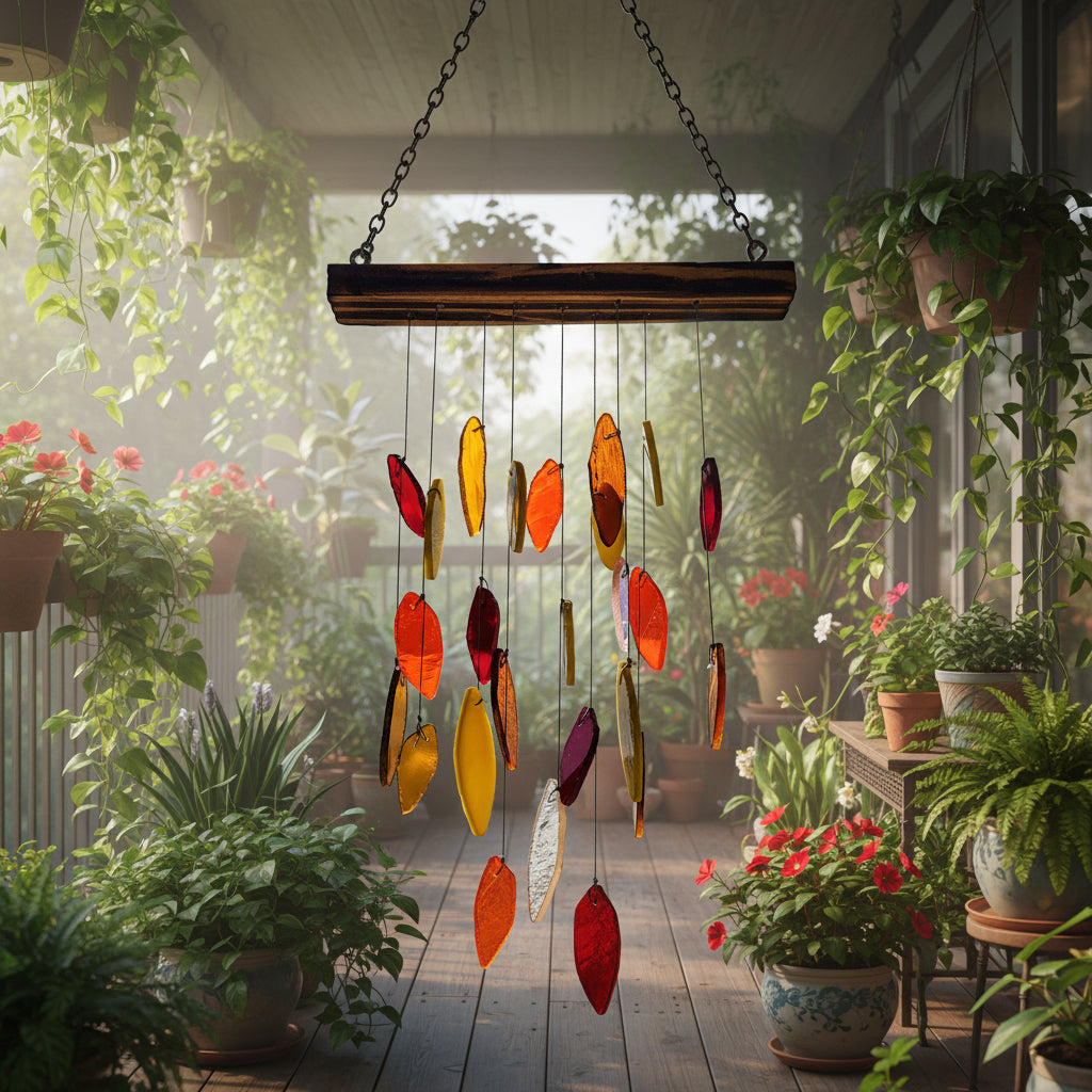 Autumn leaf Stained Glass windchime hanged in balcony with plants