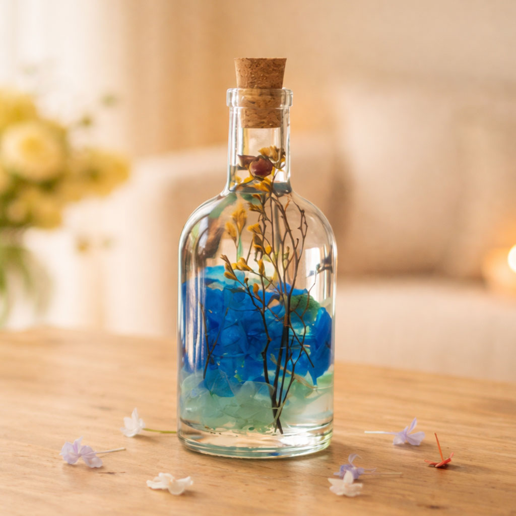 Close-up of A Big Splash Preserved Flower Tabletop by myBageecha – vivid deep-blue preserved blooms.