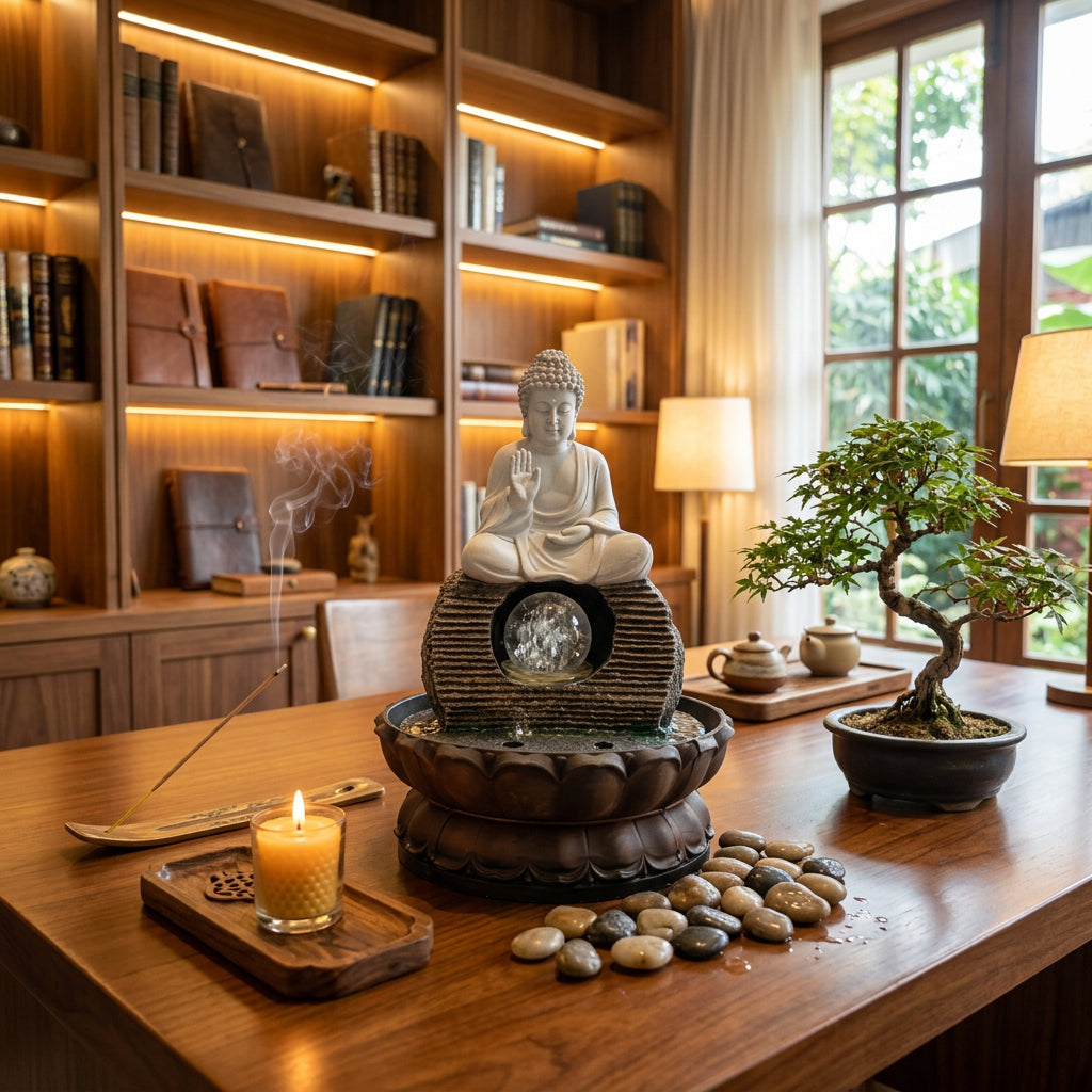The Meditative Buddha Water Fountain placed in study room