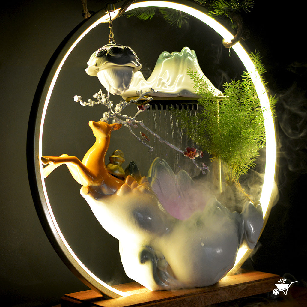 Celestial Ascent Water Fountain LED Decor Zen Garden – side angle showing LED illumination and flow