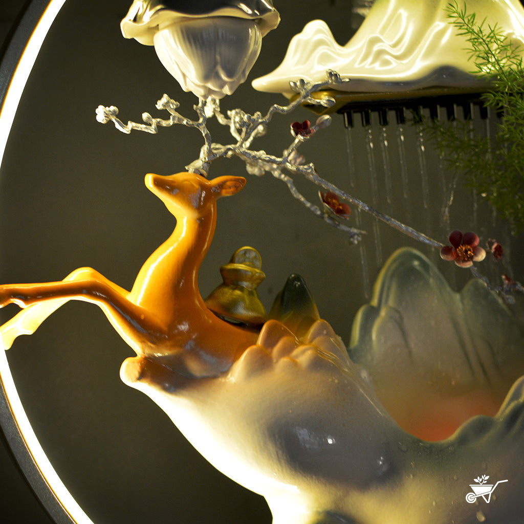 Celestial Ascent Water Fountain LED Decor Zen Garden – close-up of celestial detail and water stream