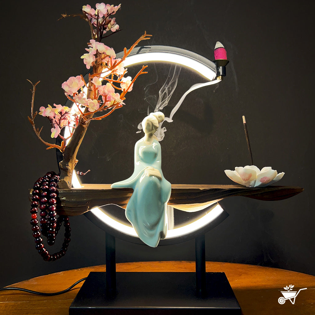 Cherry Blossom Vignette LED Decor Incense Burner Zen Garden – front view of Buddha and cherry blossom tree