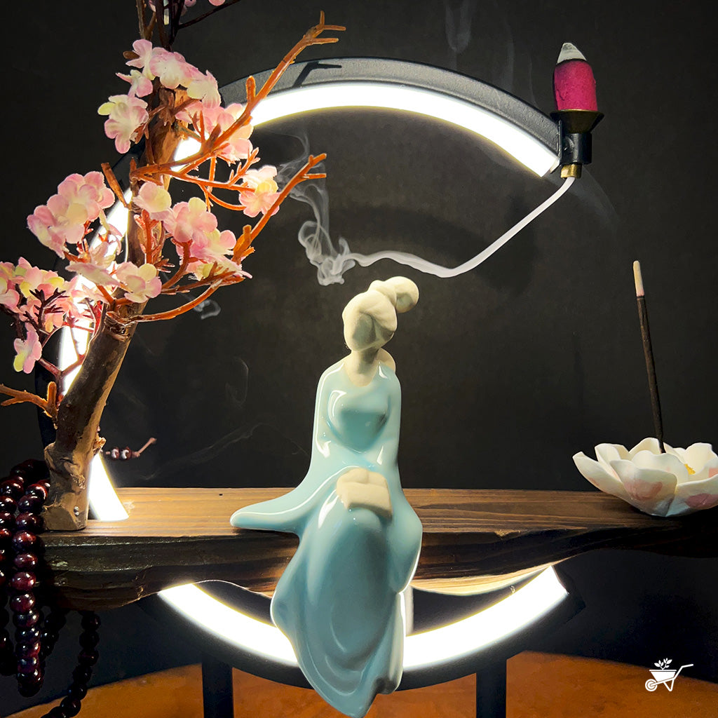 Cherry Blossom Vignette LED Decor Incense Burner Zen Garden – side angle showing LED light and smoke