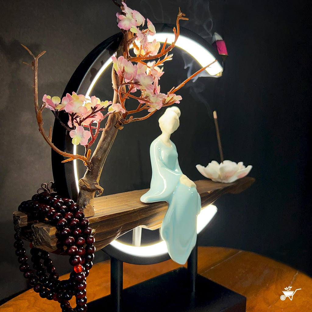 Cherry Blossom Vignette LED Decor Incense Burner Zen Garden – close-up of Buddha and pink petals