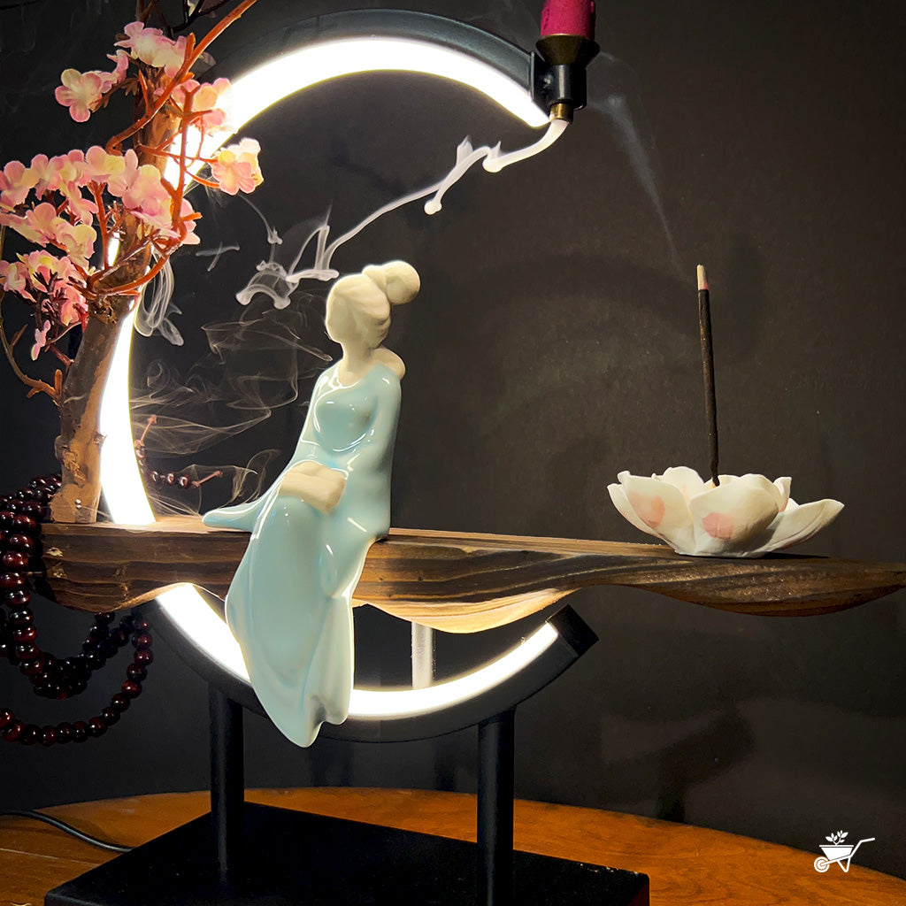 Cherry Blossom Vignette LED Decor Incense Burner Zen Garden – tabletop scene with Buddha and LED glow