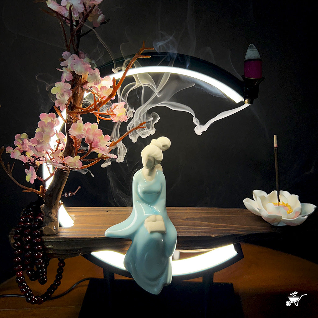Cherry Blossom Vignette LED Decor Incense Burner Zen Garden – angled view showing tree and incense base