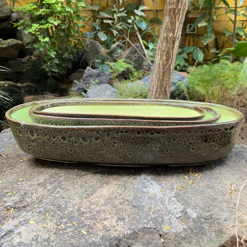 Set of 2 Chiselled Bonsai Tray – Speckled Olive Green – myBageecha