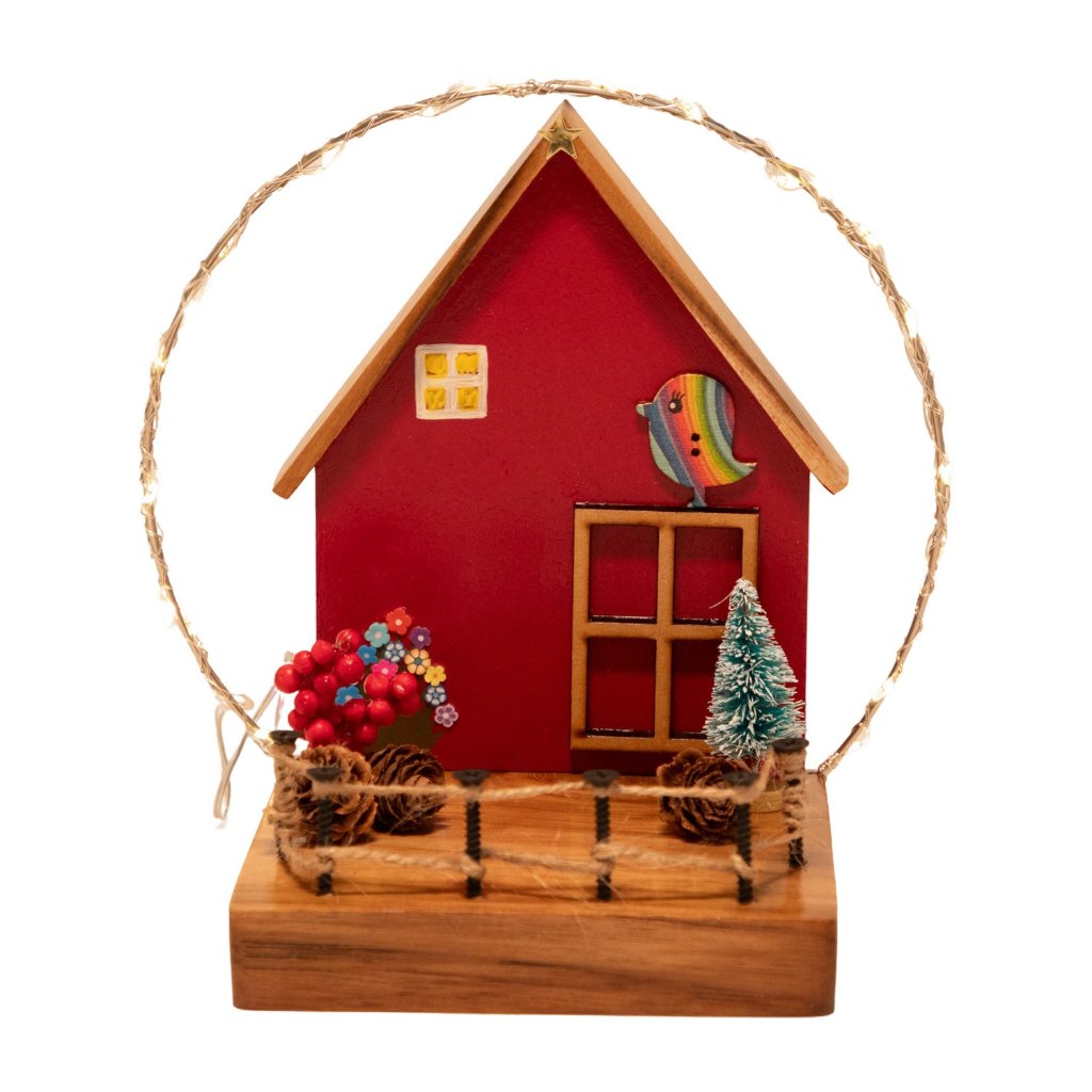 Red Cottage With String Lights Decor