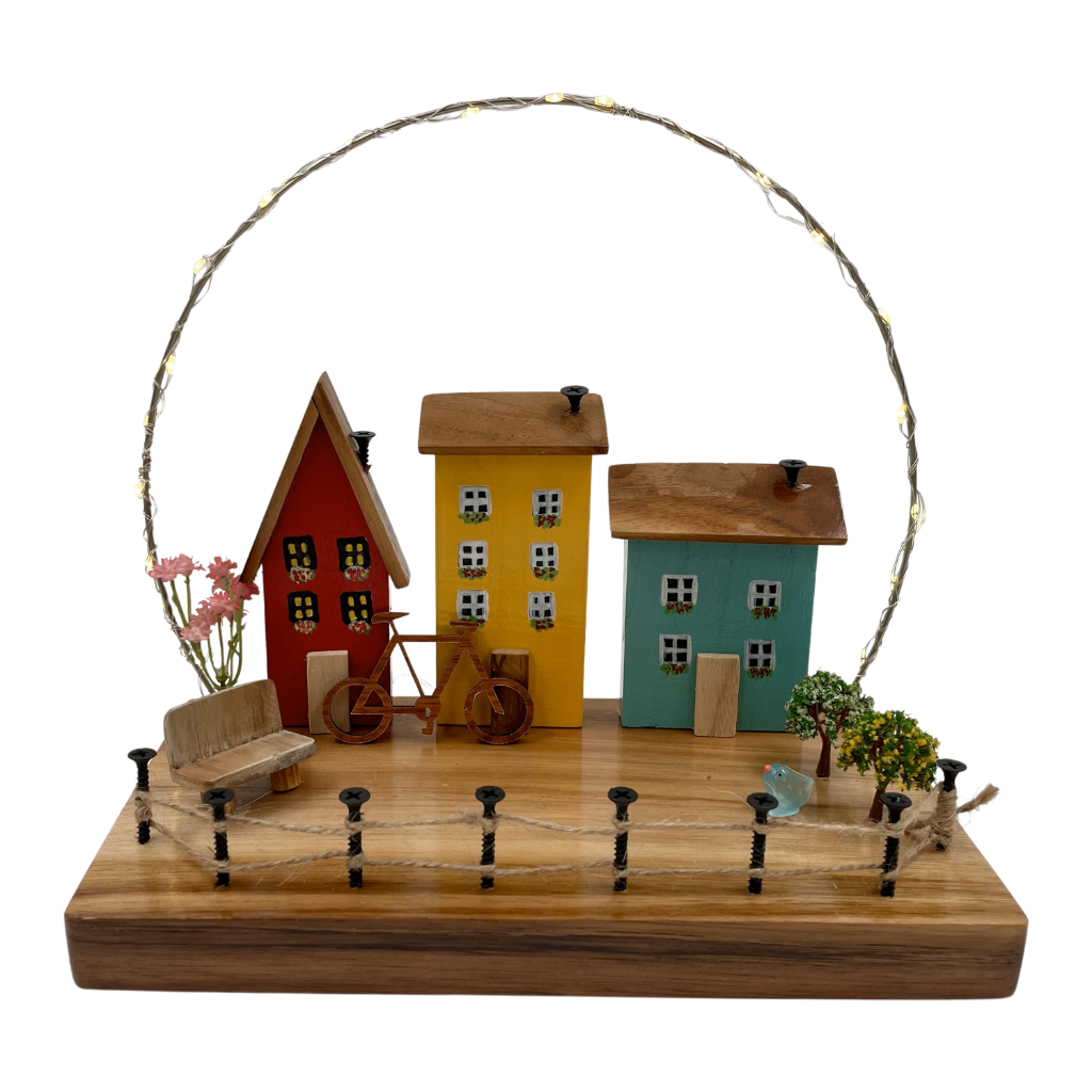 Wooden Houses With String Lights Decor
