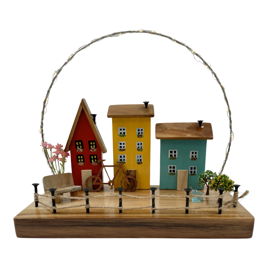 Wooden Houses With String Lights Decor