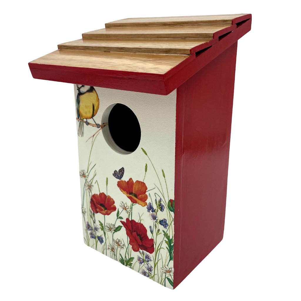 Teak Roof Bird House with Poppies Decor