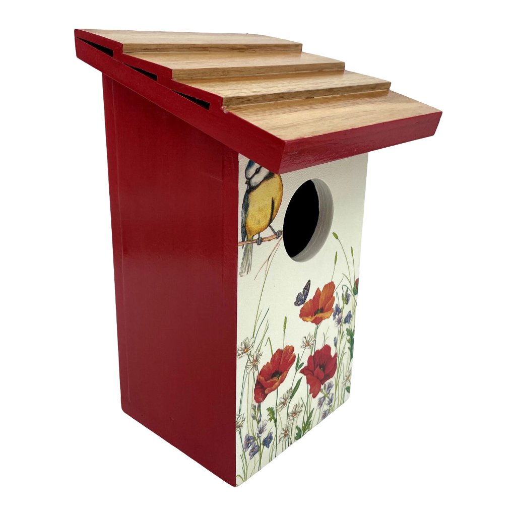 Teak Roof Bird House with Poppies Decor