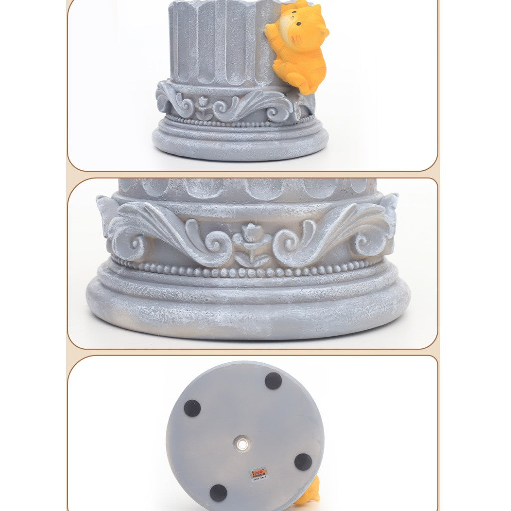 Close up of Cute Cat Climbing Up the Pillar Resin Succulent Pot