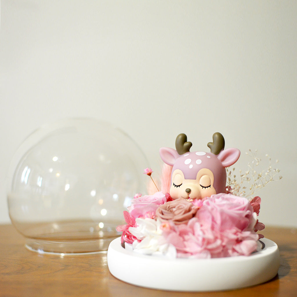 Deer Amidst Roses Preserved Flower Tabletop displayed outside the gift box – handcrafted preserved décor.
