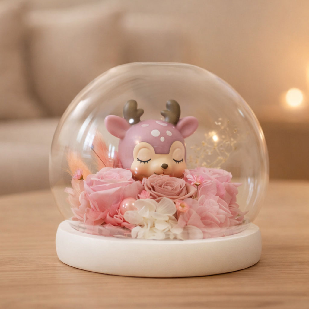 Deer Amidst Roses. A beautiful arrangement made with real roses and hydrangea in glass case. The perfect gift.