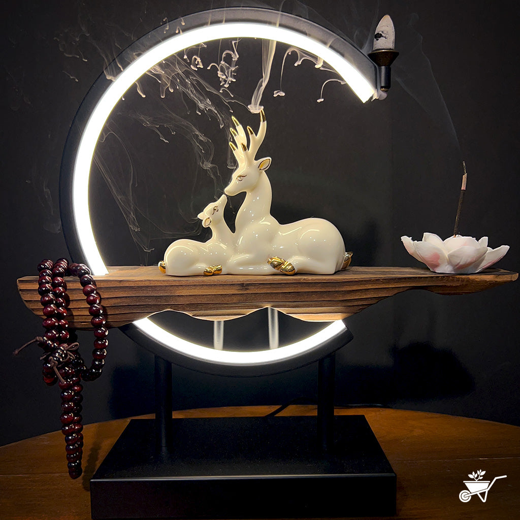 A Deer’s Serenity LED Decor Incense Burner Zen Garden – deer beside Buddha with LED light and smoke – LED Buddha incense decor for relaxing ambience by myBageecha