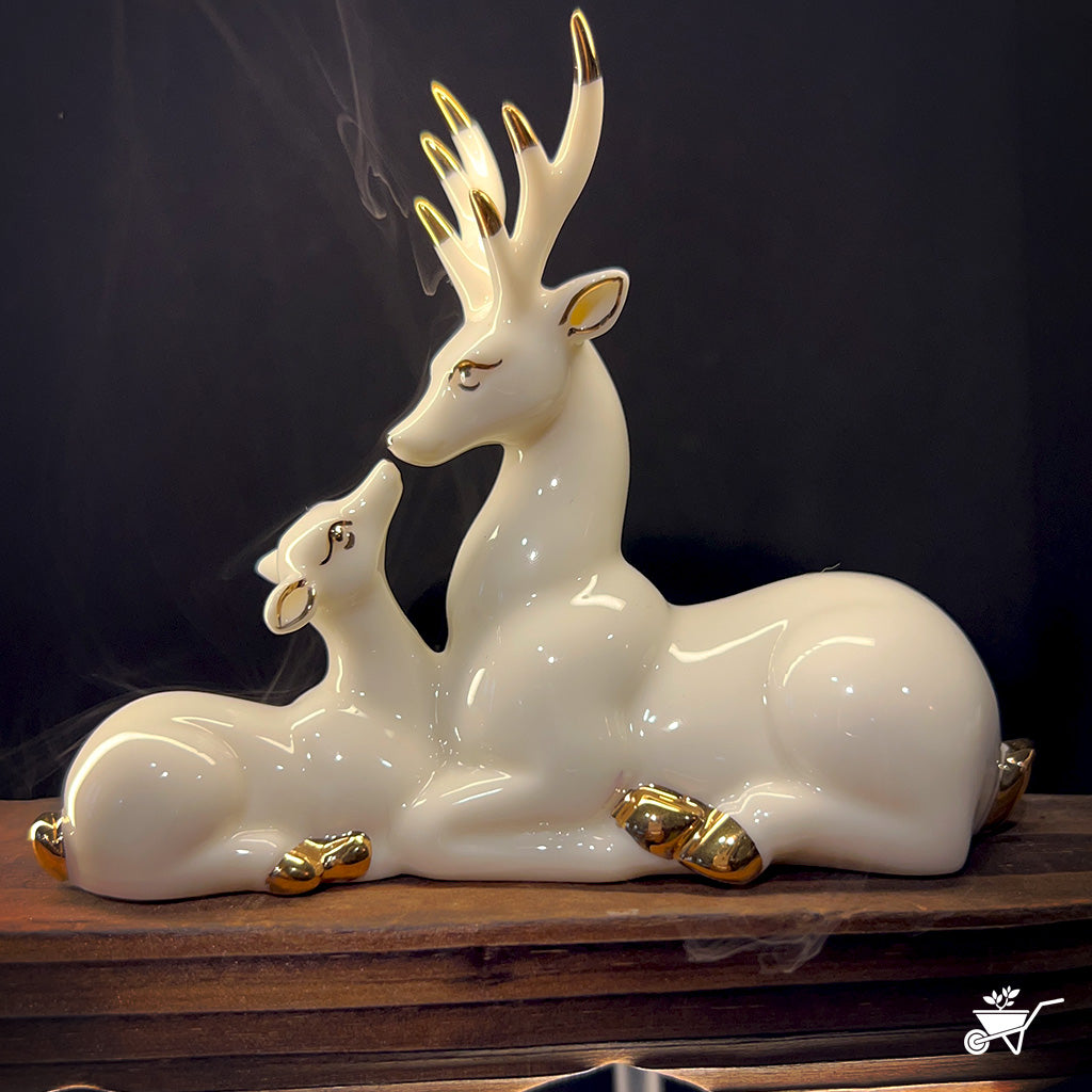 A Deer’s Serenity LED Decor Incense Burner Zen Garden – front view showing deer and Buddha with smoke