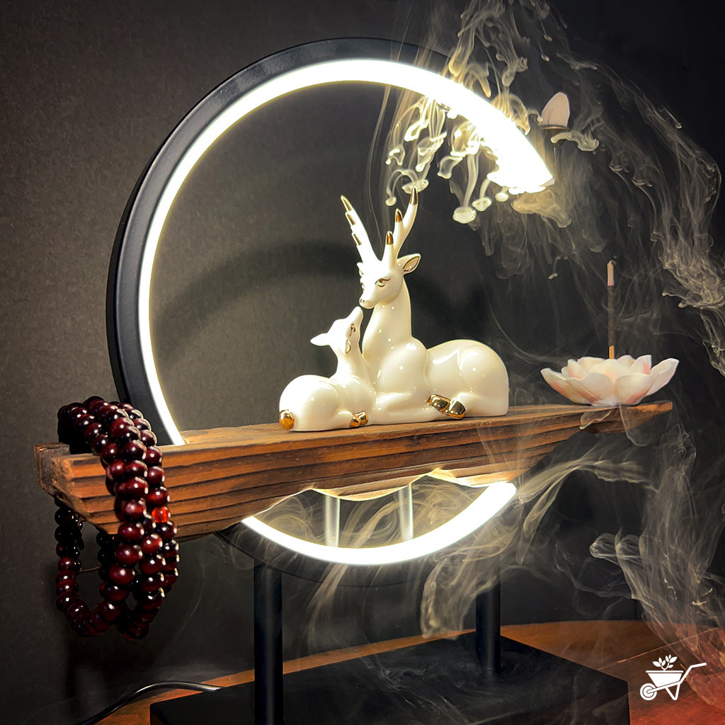 A Deer’s Serenity LED Decor Incense Burner Zen Garden – side angle showing LED illumination and incense trail