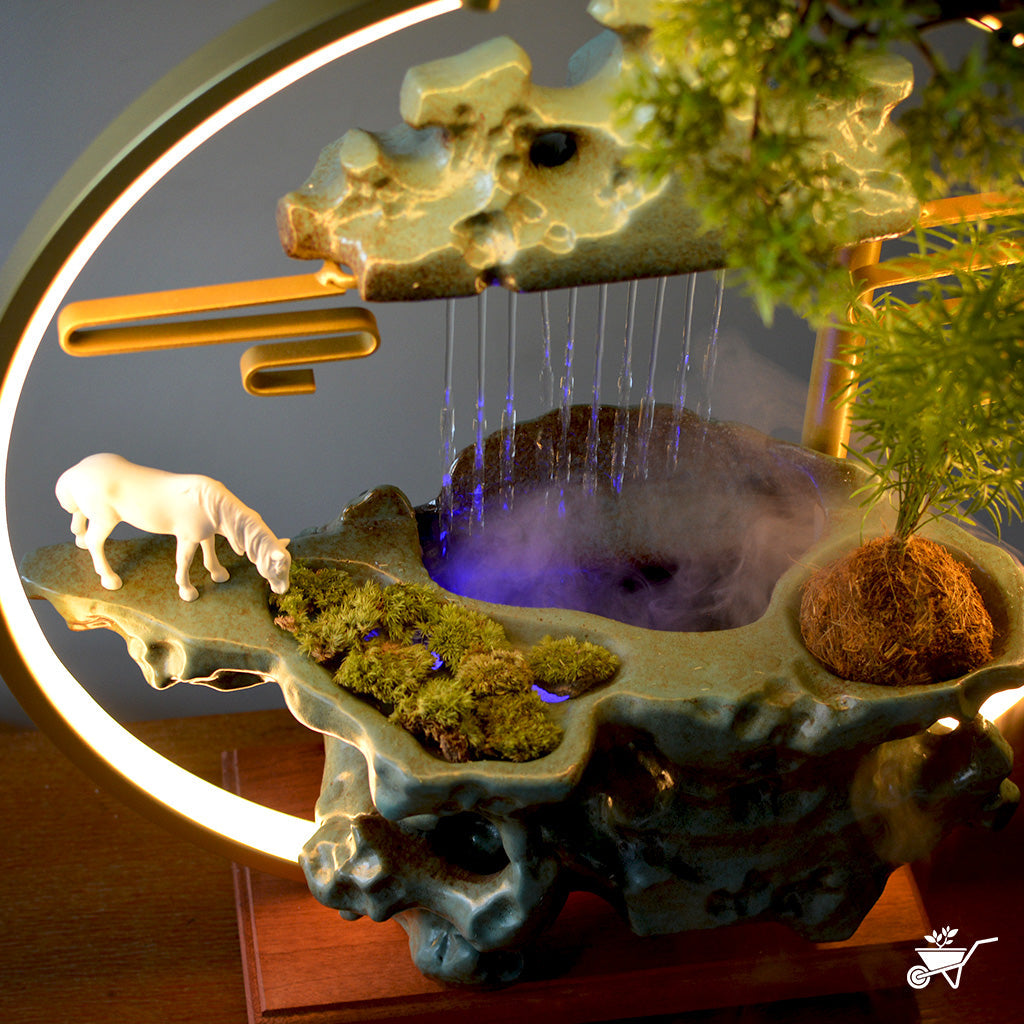 Echoing Ruins Water Fountain LED Decor Zen Garden – close-up of water stream and light effect