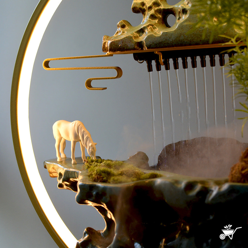 Echoing Ruins Water Fountain LED Decor Zen Garden – side view highlighting LED light and cascade