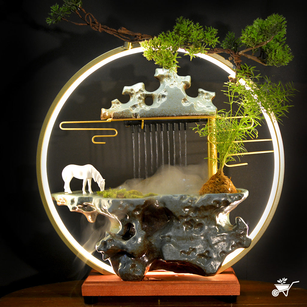 Echoing Ruins Water Fountain LED Decor Zen Garden – front view showing stone details and water flow