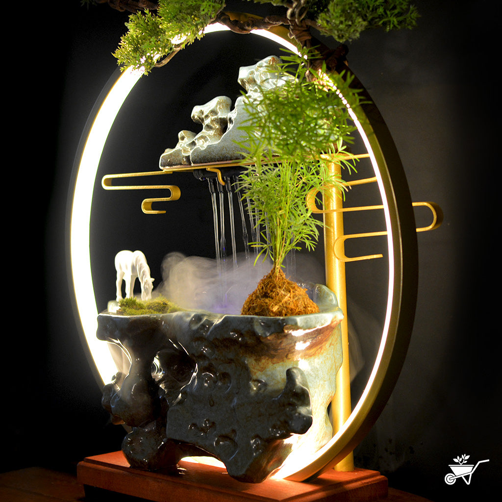 Echoing Ruins Water Fountain LED Decor Zen Garden – angled shot showing LED reflections
