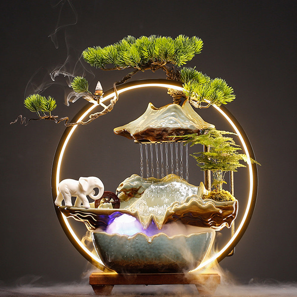 Elephant Hinterlands Water Fountain LED Decor Zen Garden – elephants near LED waterfall scene – LED tabletop Zen fountain decor for calming ambience by myBageecha