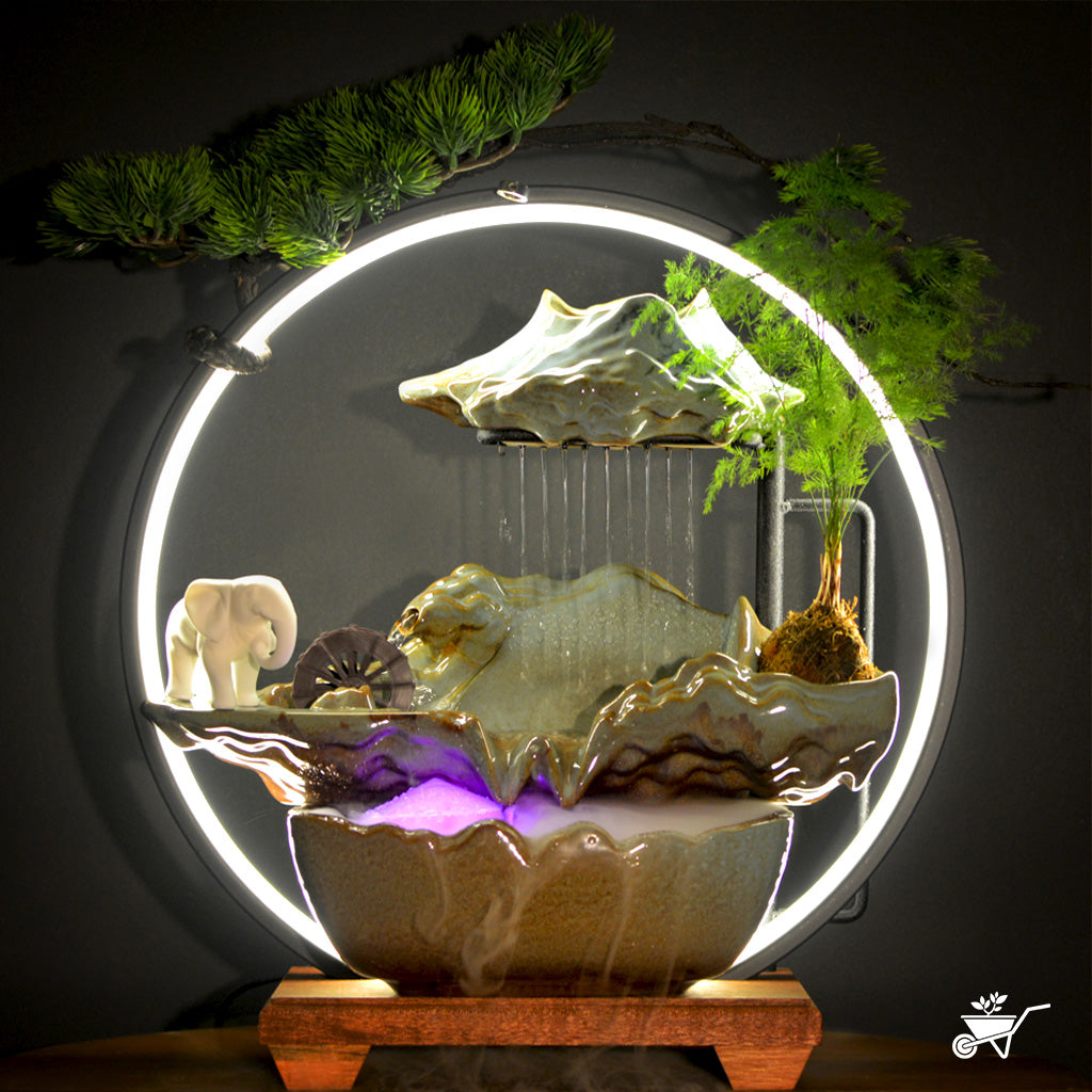 Elephant Hinterlands Water Fountain LED Decor Zen Garden – front view showing elephants and water